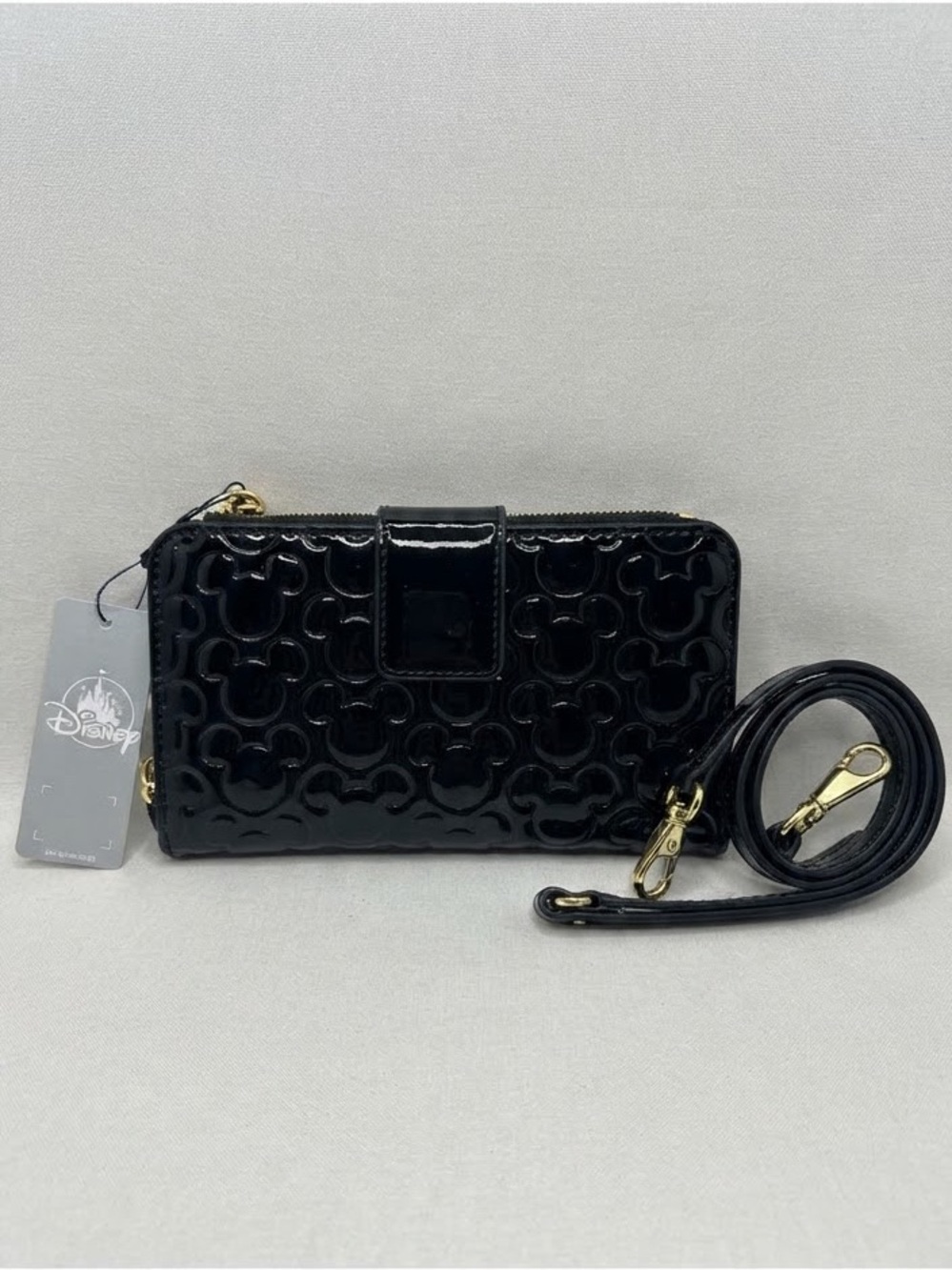 NWT Disney Mickey Mouse Black Patent Leather Debossed Wallet Crossbody Bag